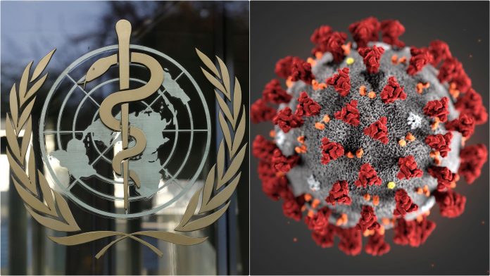 A logo is pictured on the World Health Organization headquarters in Geneva